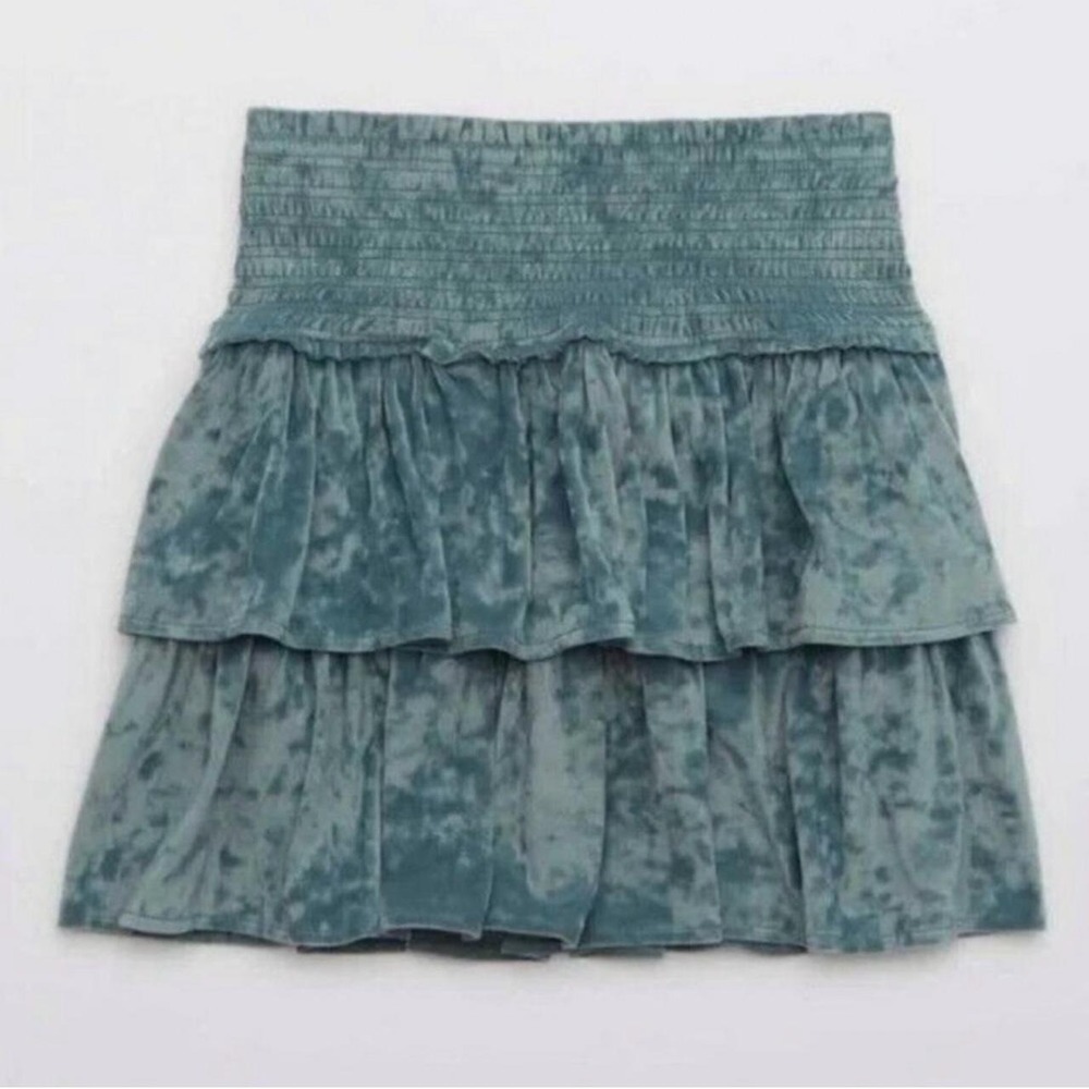 Aerie Frills n Thrills Velvet Skirt Womens XL Teal Green NWT Smocked Ruffle